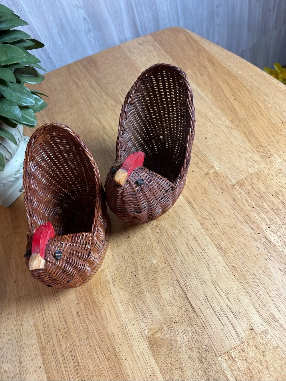 Vintage Pair of Mini Woven Wicker Chicken Baskets with Red Wooden Combs